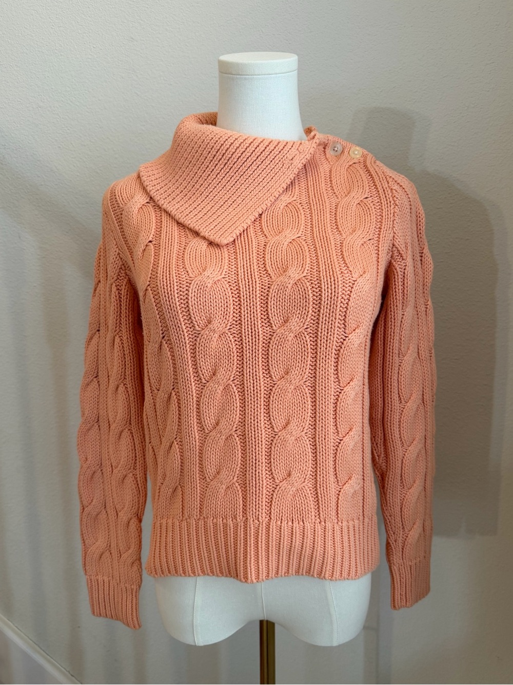 Ralph Lauren Petite Peach Cable-Knit Button-Shoulder Turtleneck Sweater